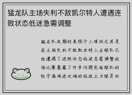 猛龙队主场失利不敌凯尔特人遭遇连败状态低迷急需调整